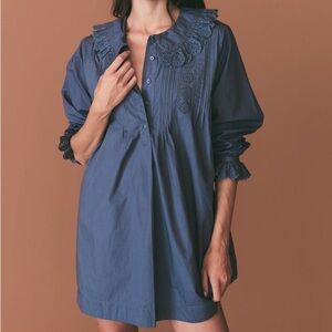 Doen Nerona Cotton Eyelet Ruffle Collar Long Sleeve Dress Atlantic Blue